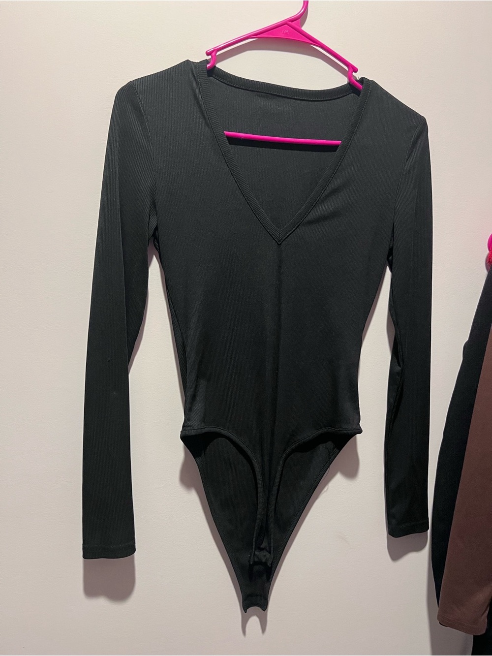 Black Long-Sleeve V-Neck One-Piece Bodysuit
